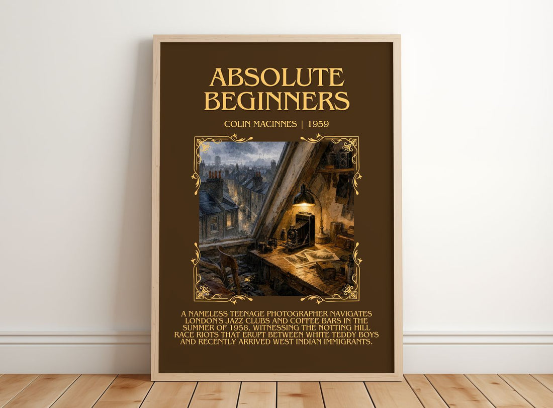 Absolute Beginners Minimalist Book Poster by Colin MacInnes – framed print leaning on a wooden floor