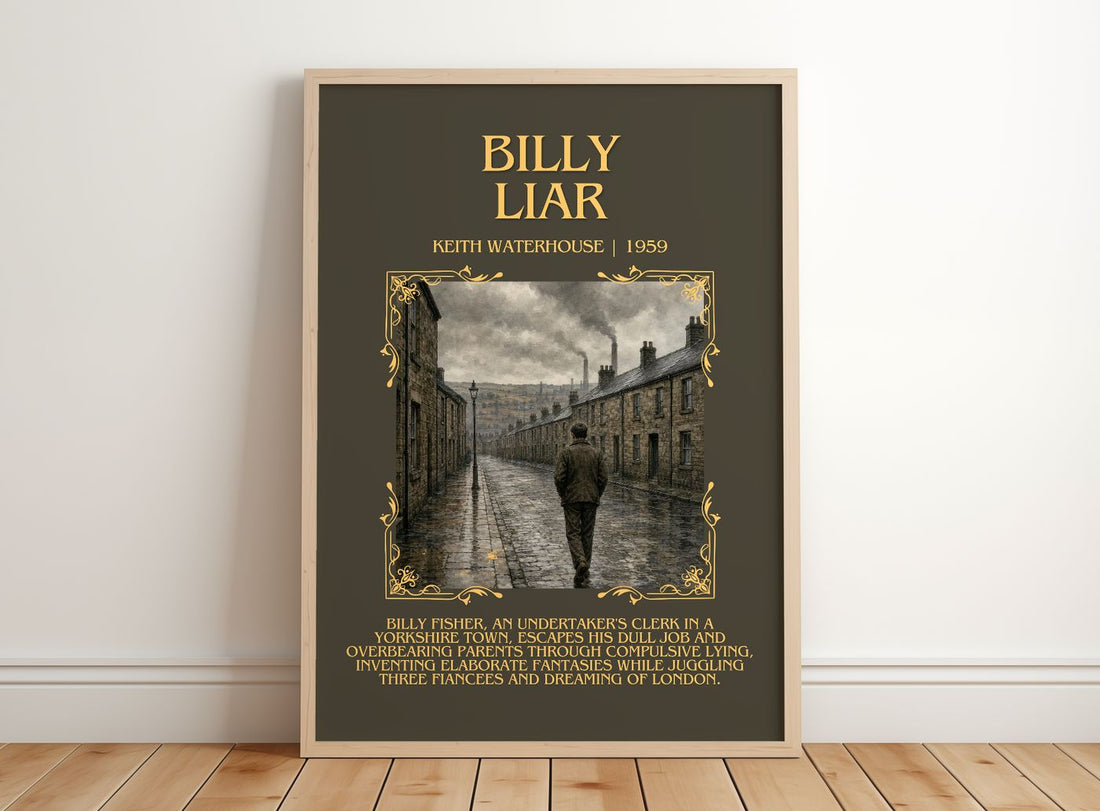 Billy Liar Minimalist Book Poster by Keith Waterhouse – framed print leaning on a wooden floor
