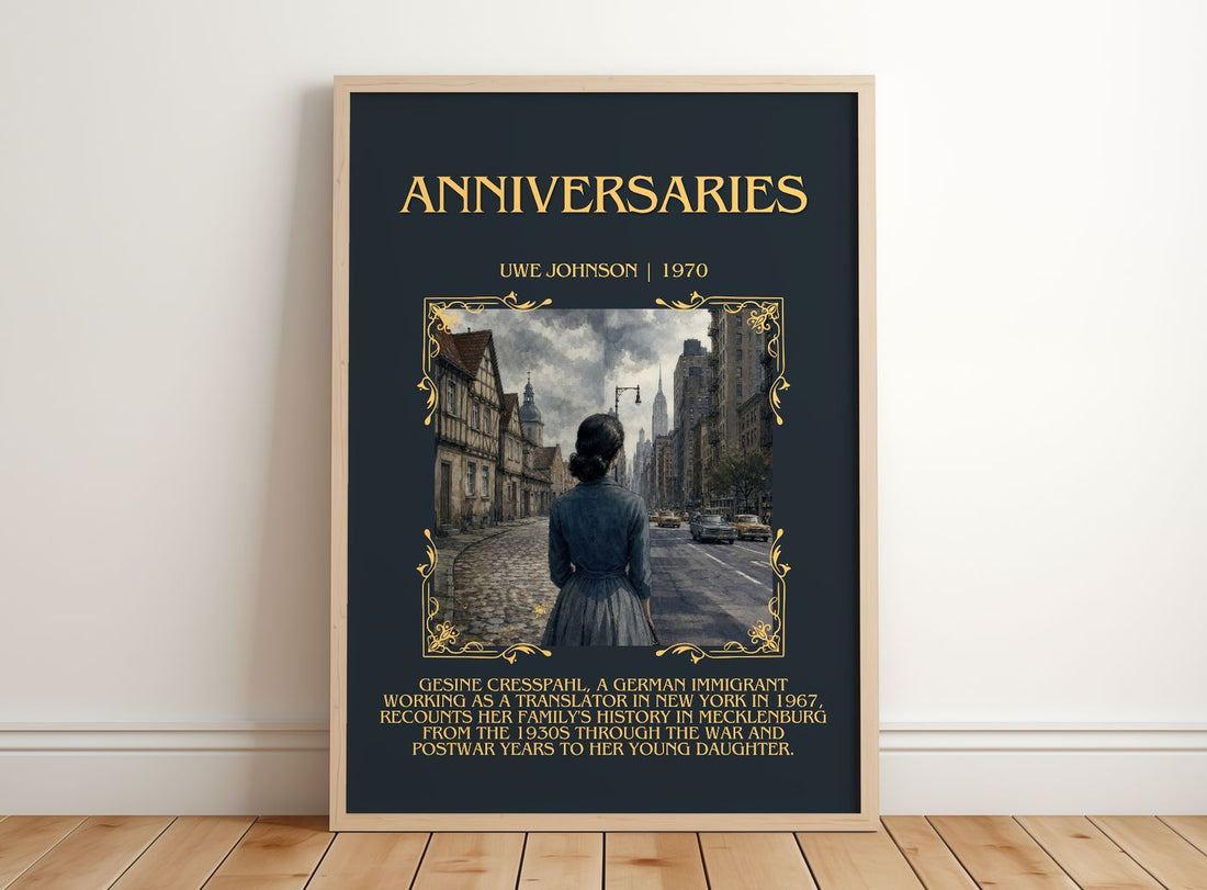 Anniversaries Minimalist Book Poster by Uwe Johnson – framed print leaning on a wooden floor