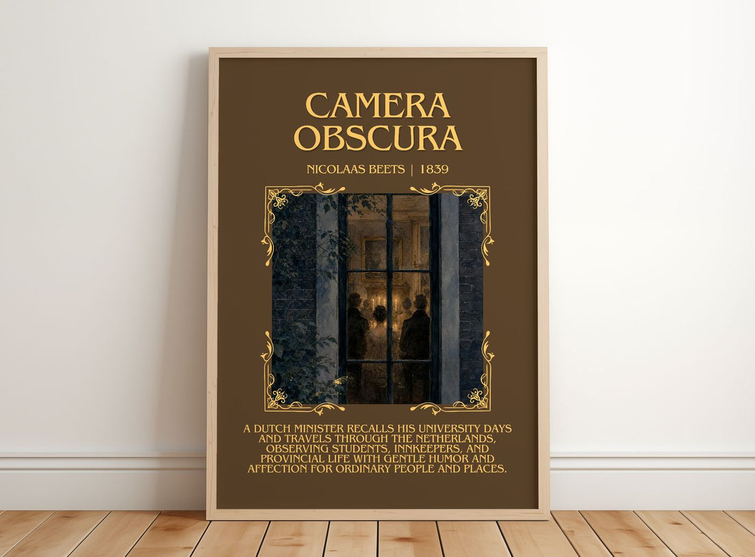 Camera Obscura Minimalist Book Poster by Nicolaas Beets – framed print leaning on a wooden floor