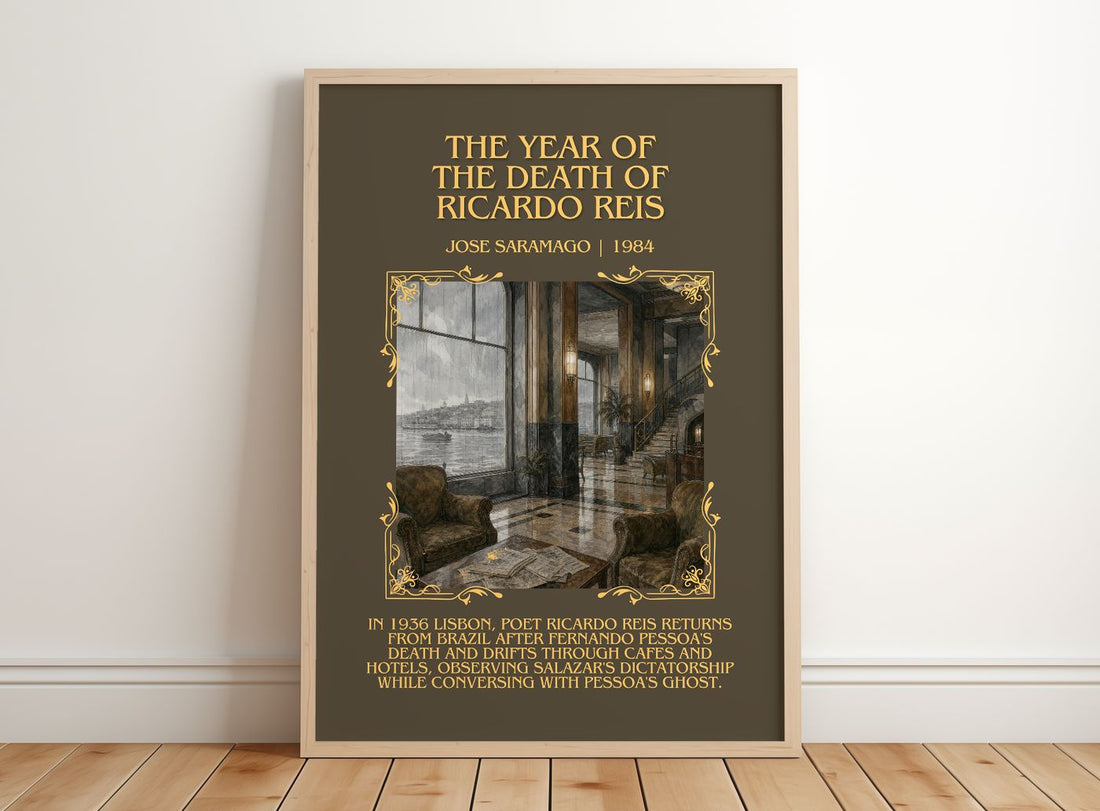 The Year of the Death of Ricardo Reis Minimalist Book Poster by José Saramago – framed print leaning on a wooden floor