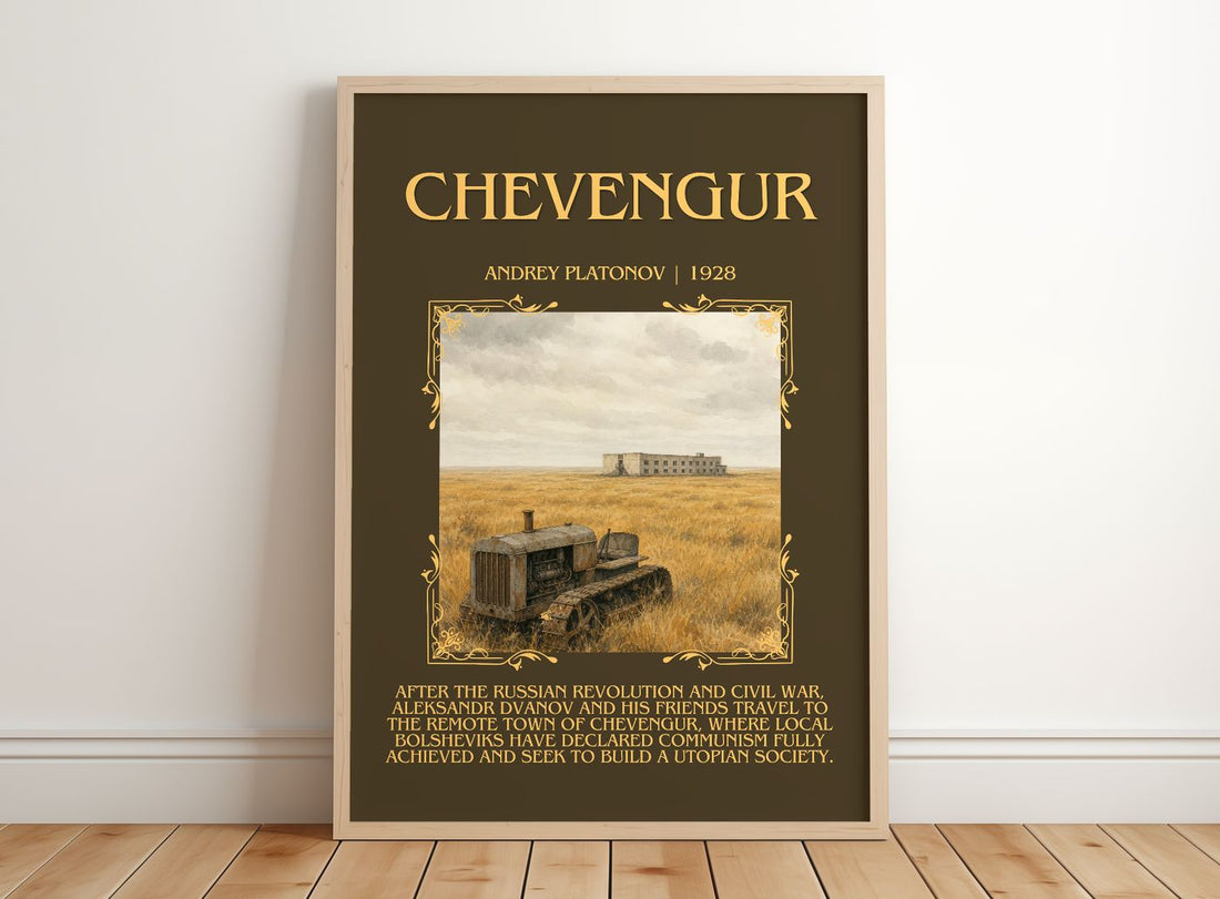 Chevengur Minimalist Book Poster by Andrey Platonov – framed print leaning on a wooden floor