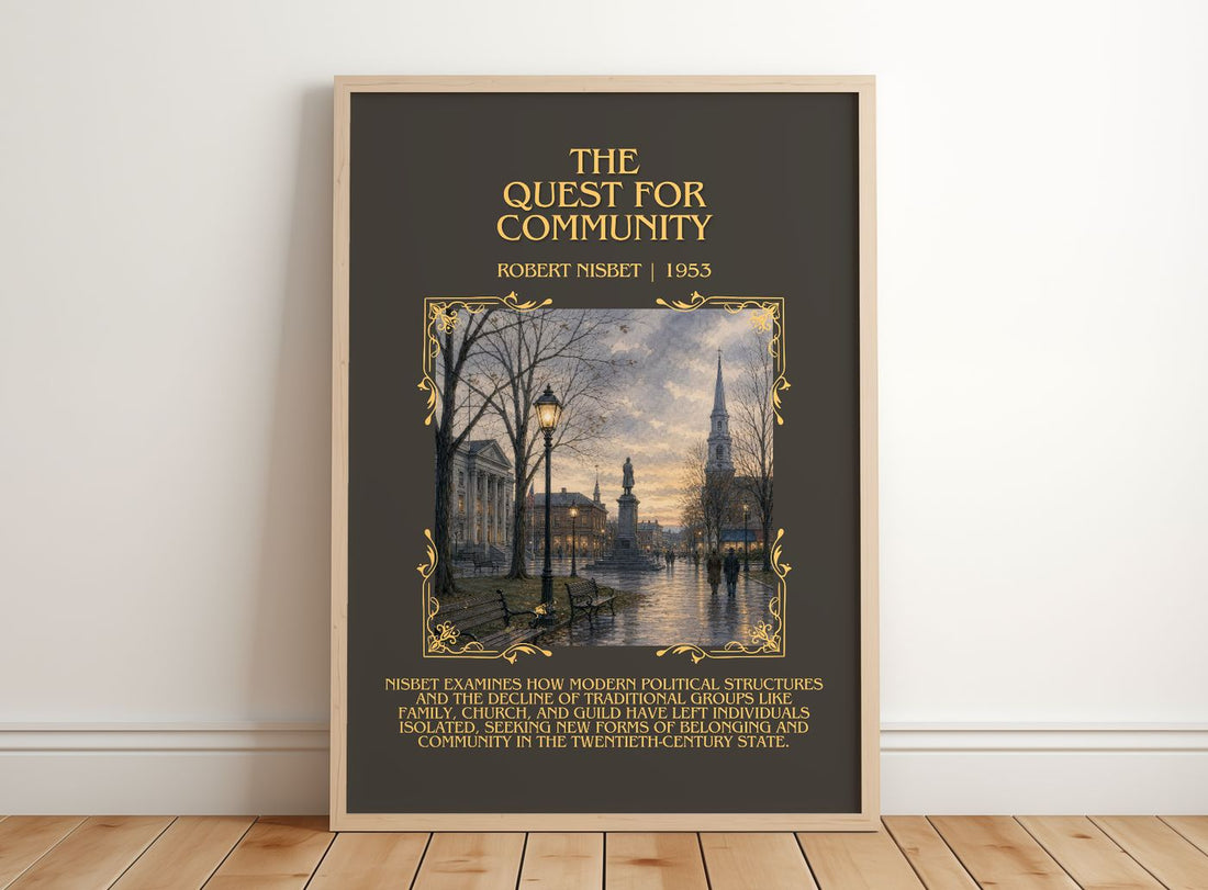 The Quest for Community Minimalist Book Poster by Robert Nisbet – framed print leaning on a wooden floor