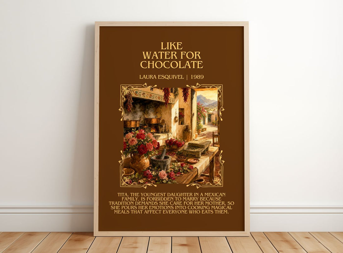 Like Water For Chocolate Minimalist Book Poster by Laura Esquivel – framed print leaning on a wooden floor