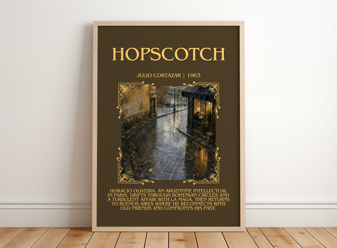 Hopscotch Minimalist Book Poster by Julio Cortazar – framed print leaning on a wooden floor