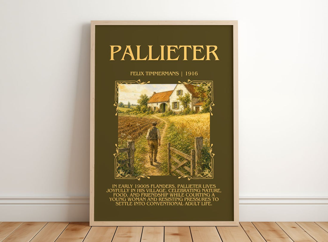 Pallieter Minimalist Book Poster by Felix Timmermans – framed print leaning on a wooden floor