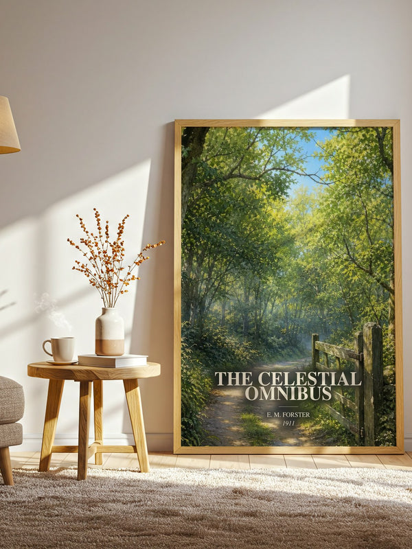 The Celestial Omnibus watercolour print in frame leaning in hallway – literary fiction wall art