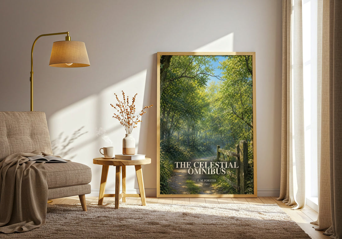 The Celestial Omnibus watercolour print in frame leaning in hallway – literary fiction wall art (mockup)