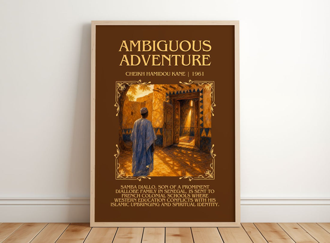 Ambiguous Adventure Minimalist Book Poster by Cheikh Hamidou Kane – framed print leaning on a wooden floor