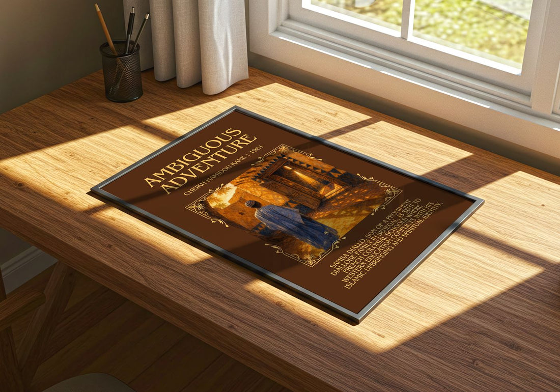 Ambiguous Adventure Minimalist Book Poster by Cheikh Hamidou Kane – print on a sunlit desk