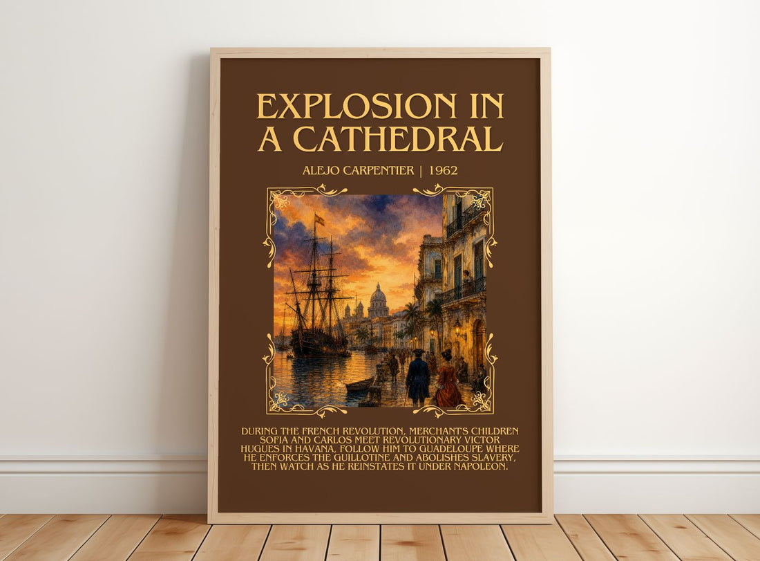 Explosion In A Cathedral Minimalist Book Poster by Alejo Carpentier – framed print leaning on a wooden floor