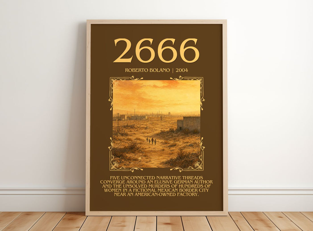 2666 Minimalist Book Poster by Roberto Bolaño – framed print leaning on a wooden floor