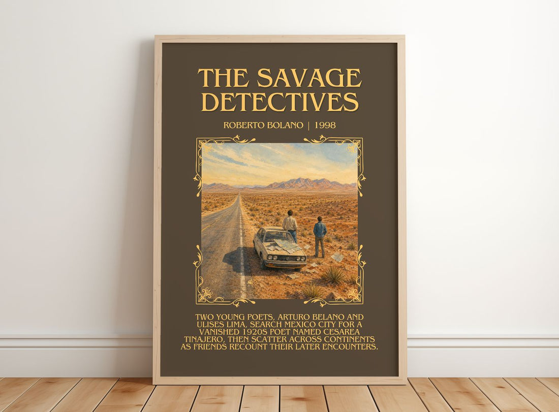 The Savage Detectives Minimalist Book Poster by Roberto Bolaño – framed print leaning on a wooden floor