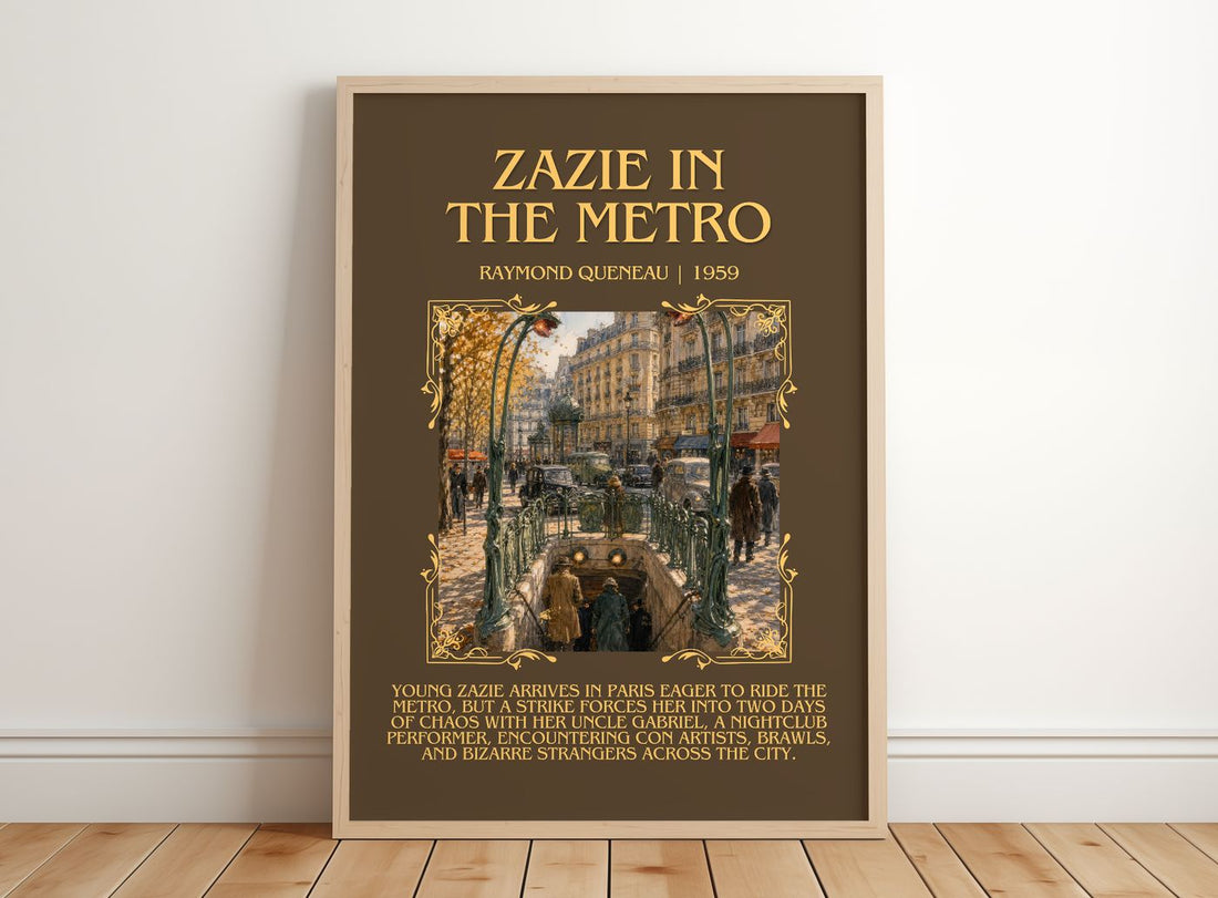 Zazie in the Metro Minimalist Book Poster by Raymond Queneau – framed print leaning on a wooden floor