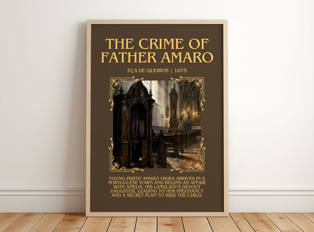 The Crime of Father Amaro Minimalist Book Poster by Eça de Queirós – framed print leaning on a wooden floor