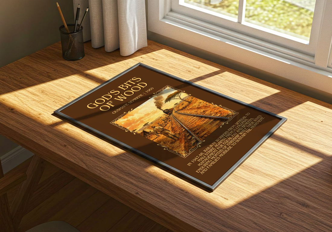 God's Bits of Wood Minimalist Book Poster by Ousmane Sembène – print on a sunlit desk