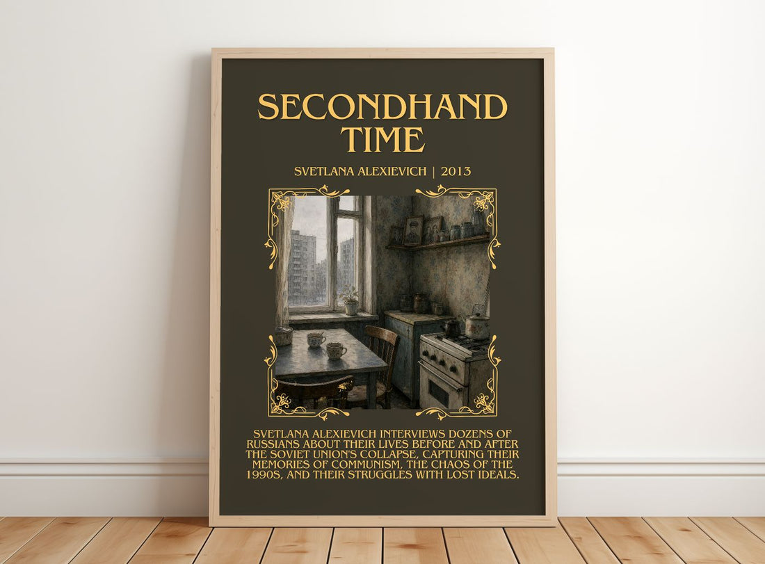 Secondhand Time Minimalist Book Poster by Svetlana Alexievich – framed print leaning on a wooden floor