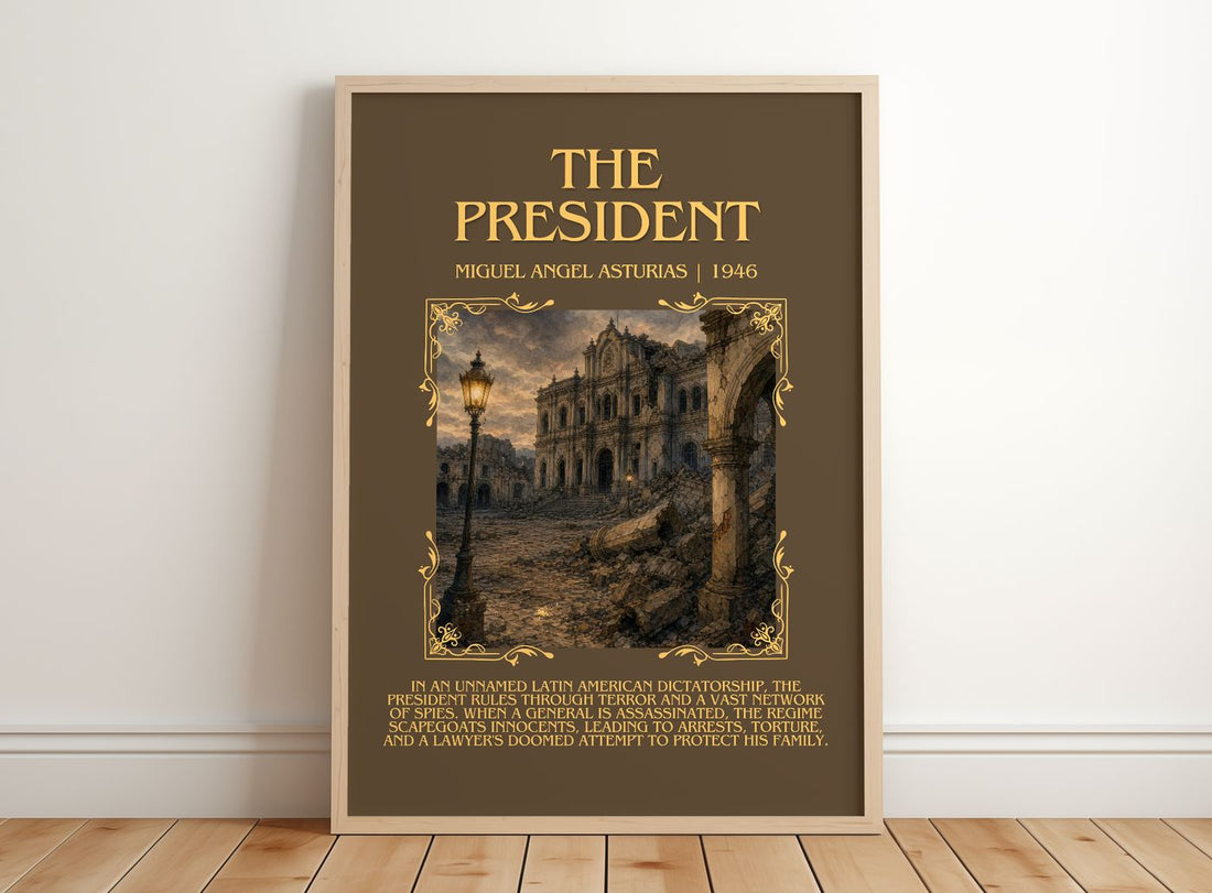 The President Minimalist Book Poster by Miguel Angel Asturias – framed print leaning on a wooden floor