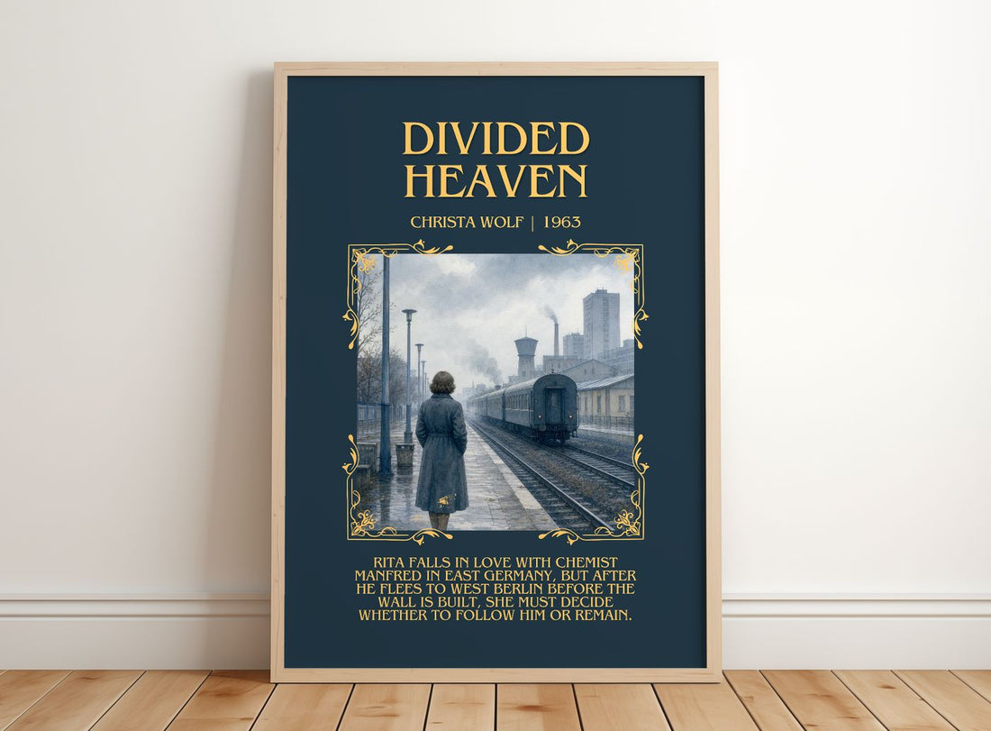 Divided Heaven Minimalist Book Poster by Christa Wolf – framed print leaning on a wooden floor