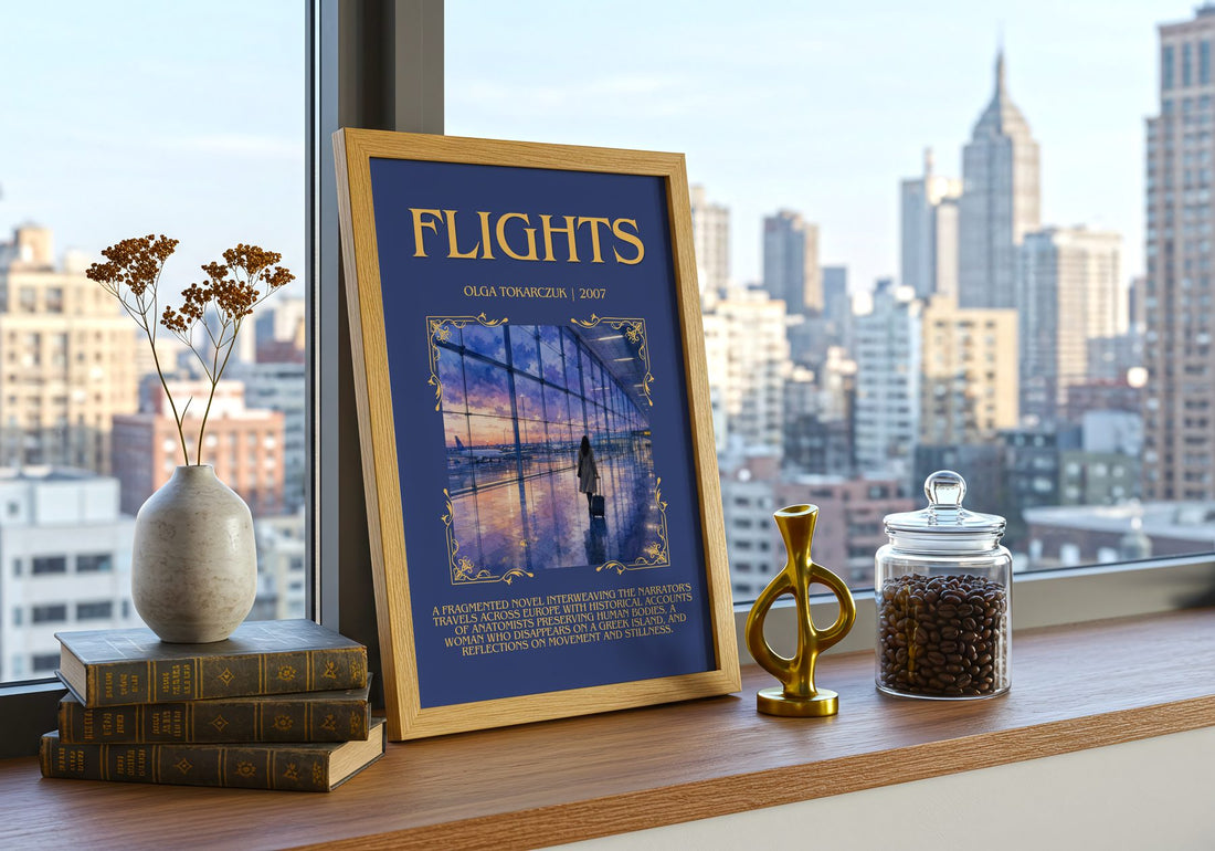 Flights Minimalist Book Poster by Olga Tokarczuk – framed print on a city-view windowsill