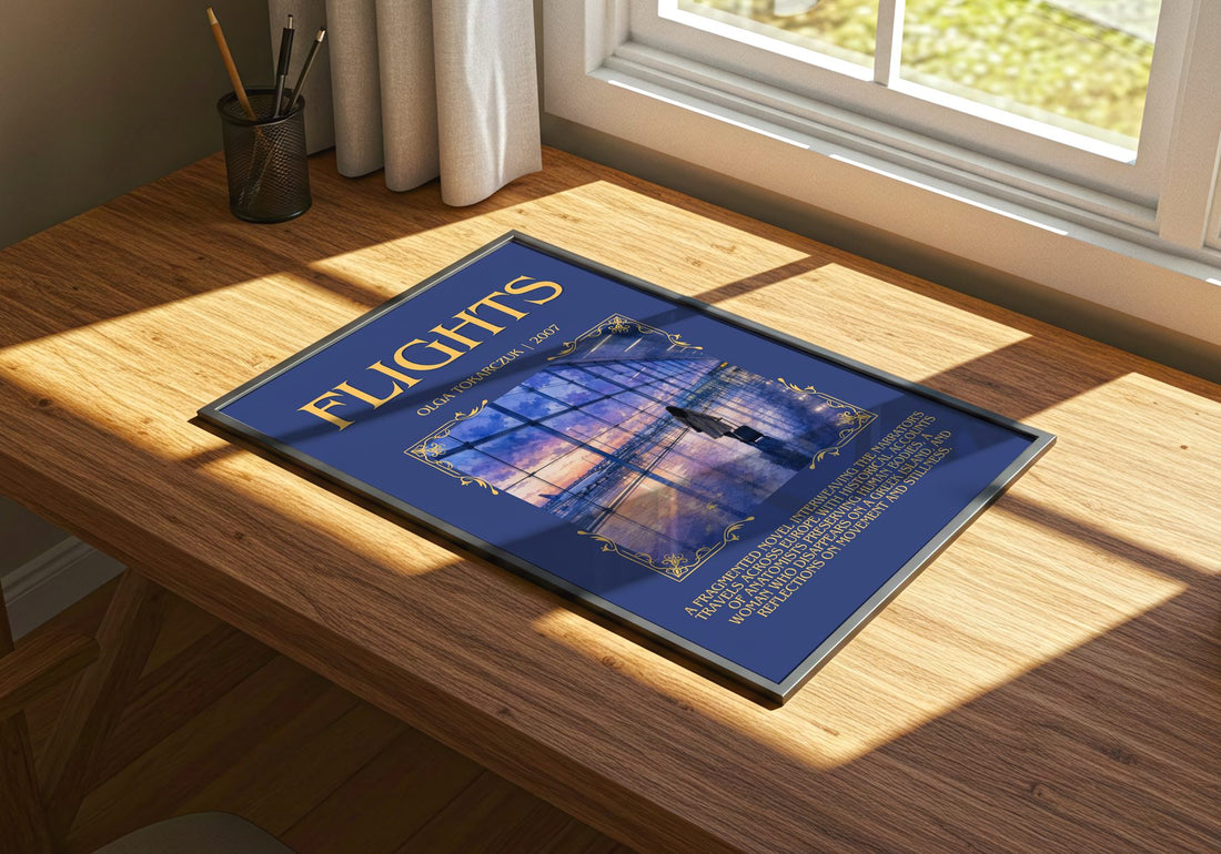 Flights Minimalist Book Poster by Olga Tokarczuk – print on a sunlit desk