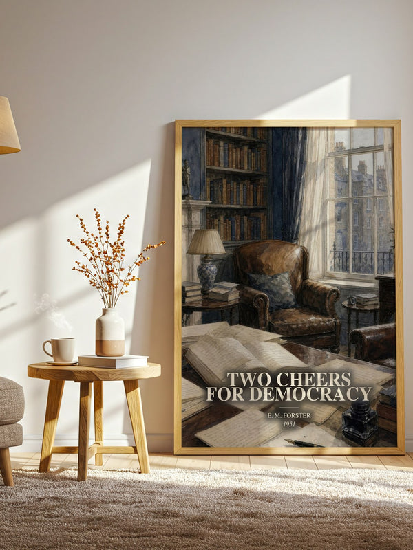 Two Cheers For Democracy watercolour print in frame leaning in hallway – non fiction wall art