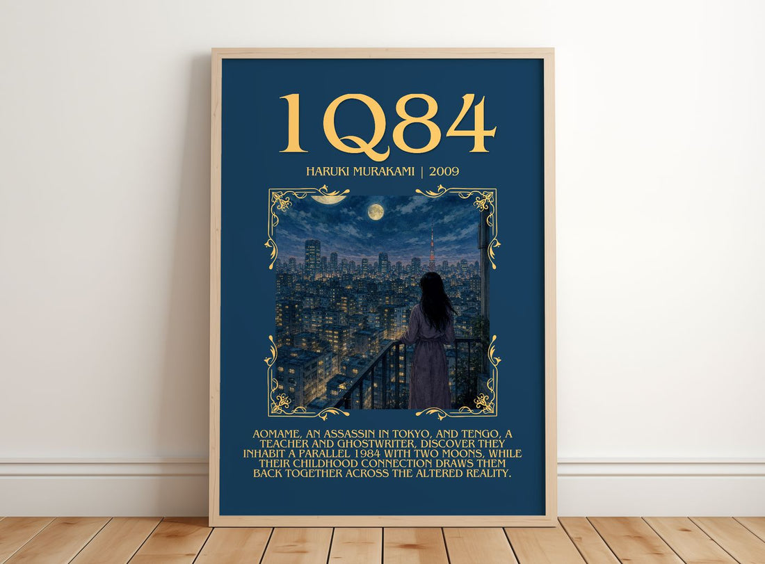 1Q84 Minimalist Book Poster by Haruki Murakami – framed print leaning on a wooden floor