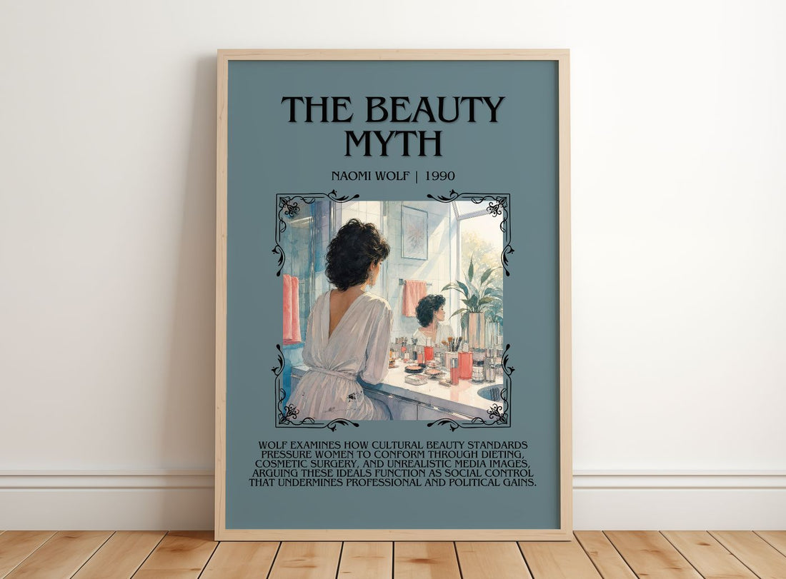 The Beauty Myth Minimalist Book Poster by Naomi Wolf – framed print leaning on a wooden floor