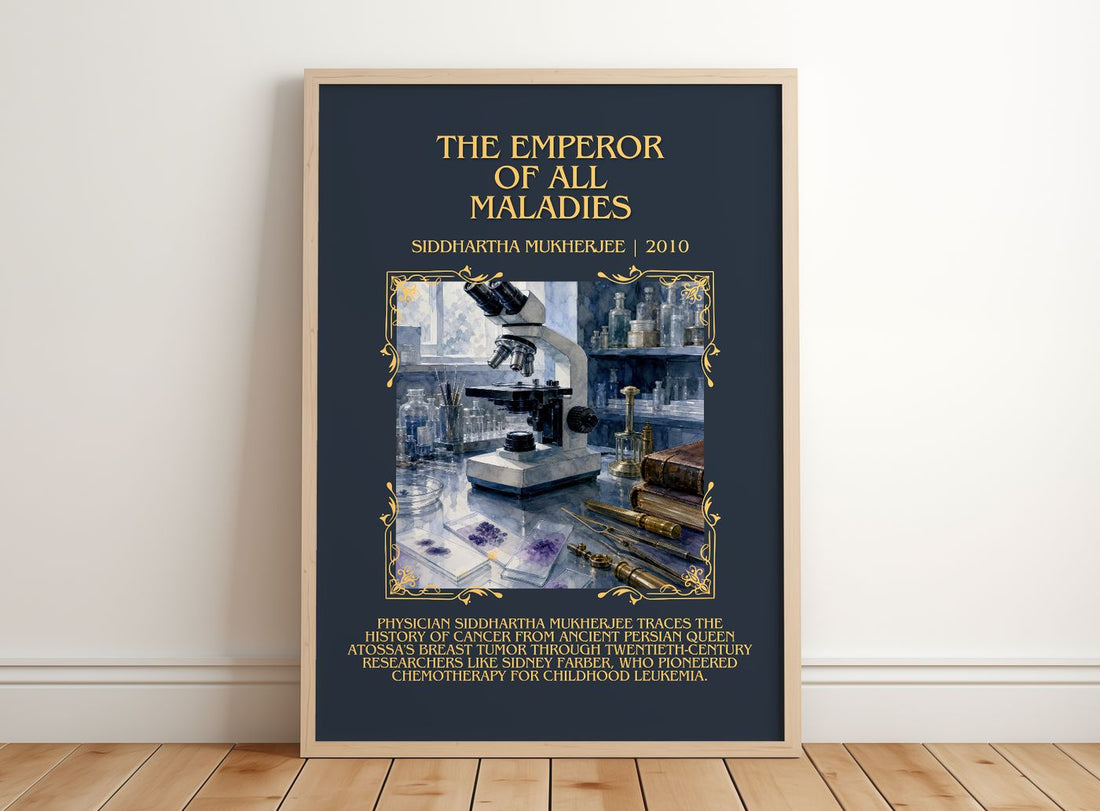 Emperor of All Maladies Minimalist Book Poster by Siddhartha Mukherjee – framed print leaning on a wooden floor