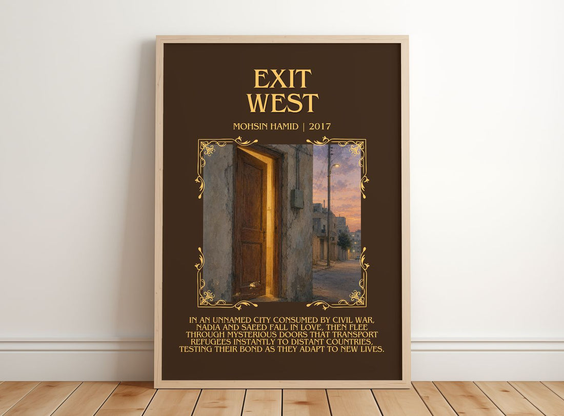 Exit West Minimalist Book Poster by Mohsin Hamid – framed print leaning on a wooden floor