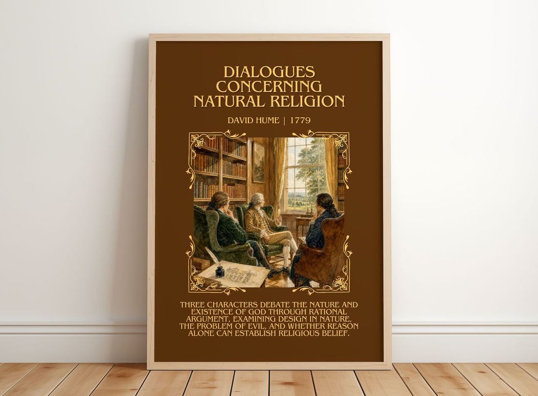 Dialogues Concerning Natural Religion Minimalist Book Poster by David Hume – framed print leaning on a wooden floor