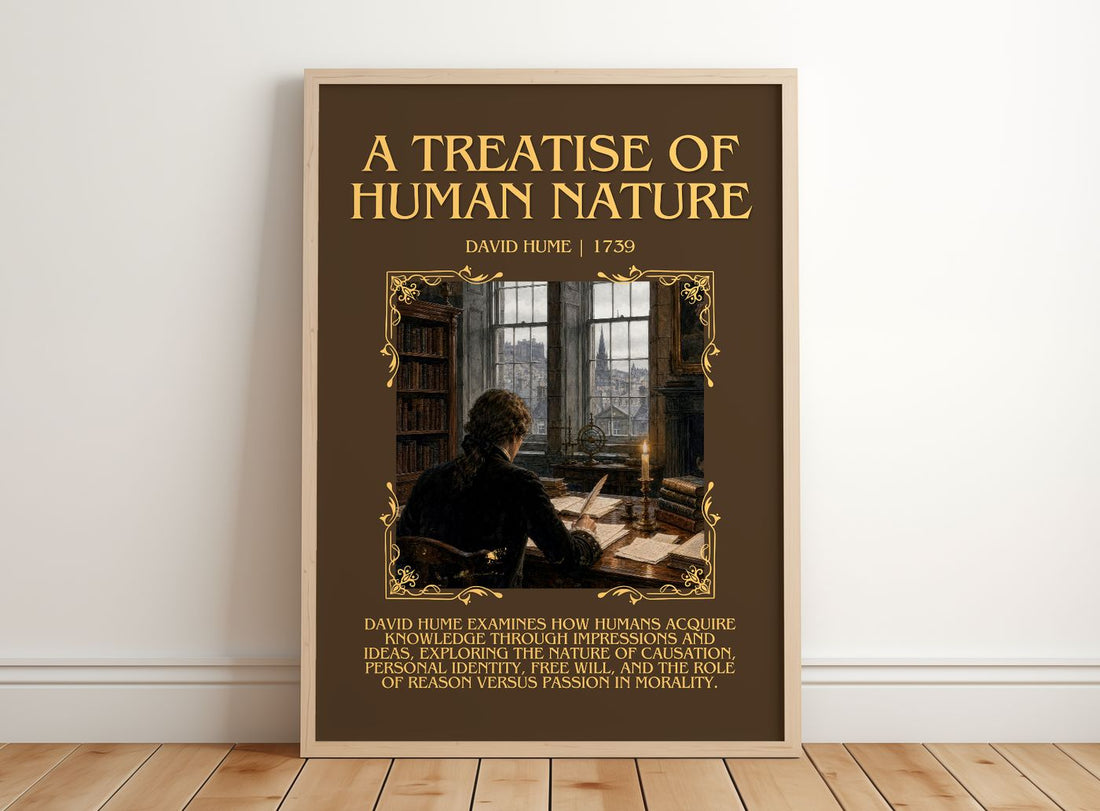 A Treatise of Human Nature Minimalist Book Poster by David Hume – framed print leaning on a wooden floor