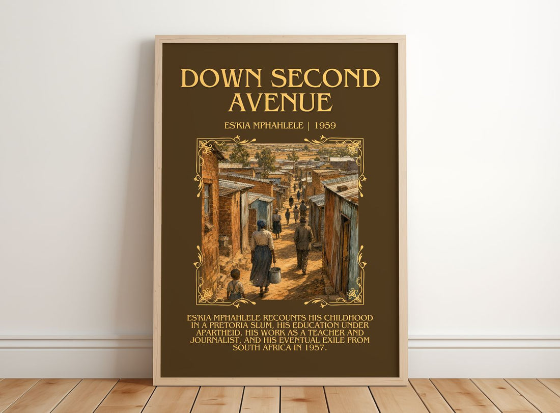 Down Second Avenue Minimalist Book Poster by Es'kia Mphahlele – framed print leaning on a wooden floor
