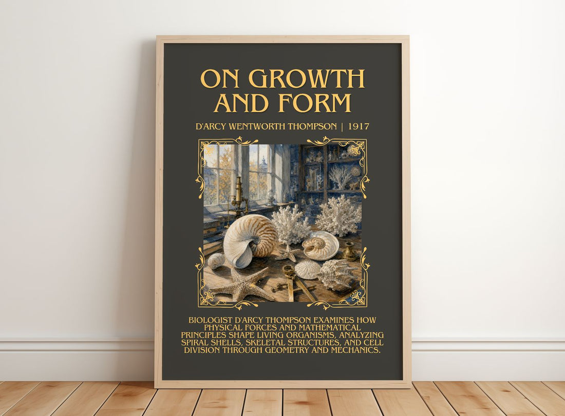 On Growth and Form Minimalist Book Poster by D'Arcy Wentworth Thompson – framed print leaning on a wooden floor