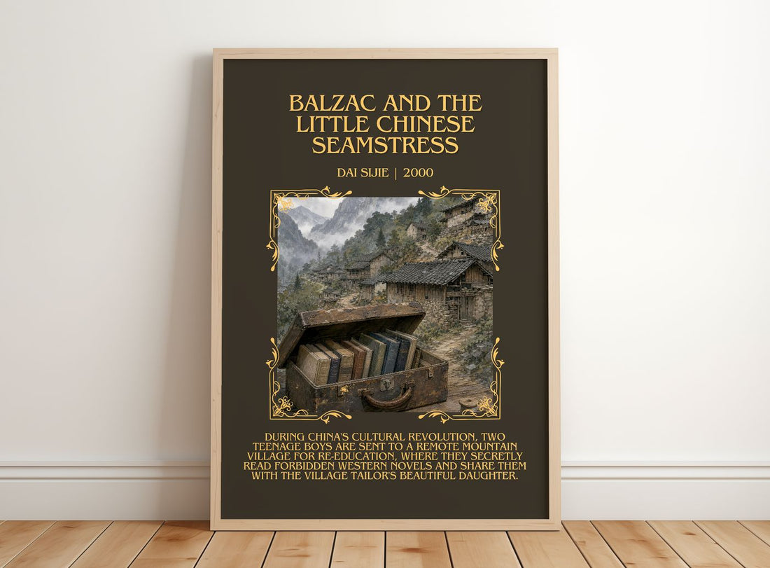 Balzac and the Little Chinese Seamstress Minimalist Book Poster by Dai Sijie – framed print leaning on a wooden floor