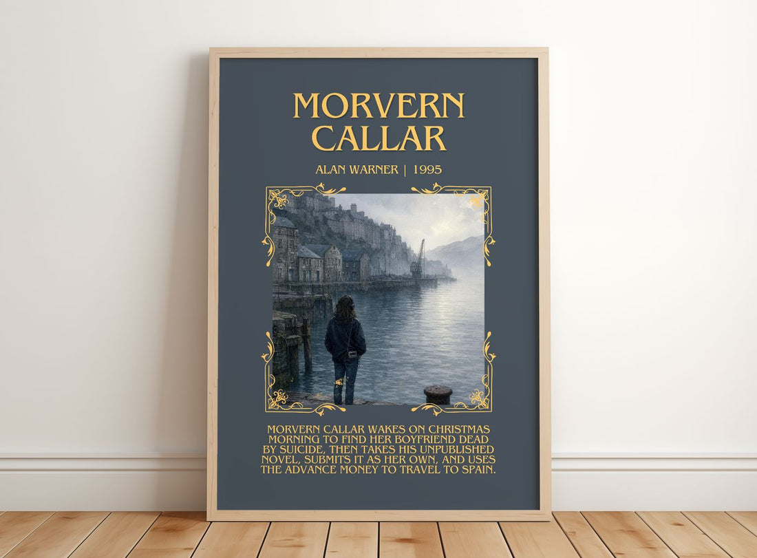 Morvern Callar Minimalist Book Poster by Alan Warner – framed print leaning on a wooden floor