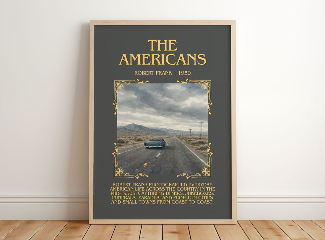 The Americans Minimalist Book Poster by Robert Frank – framed print leaning on a wooden floor