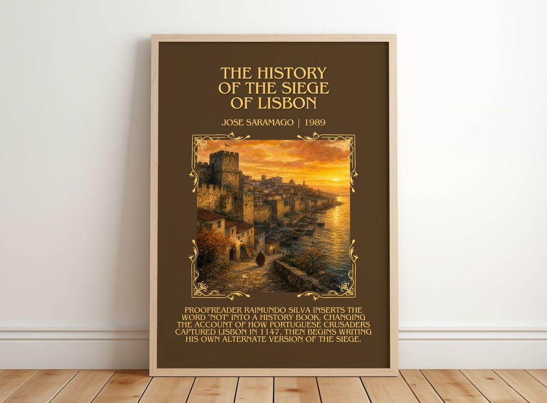 History of the Siege of Lisbon Minimalist Book Poster by José Saramago – framed print leaning on a wooden floor