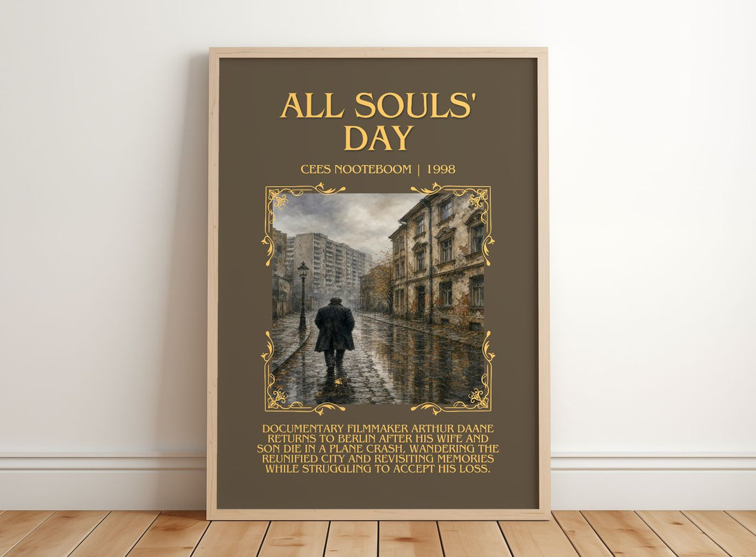 All Souls' Day Minimalist Book Poster by Cees Nooteboom – framed print leaning on a wooden floor