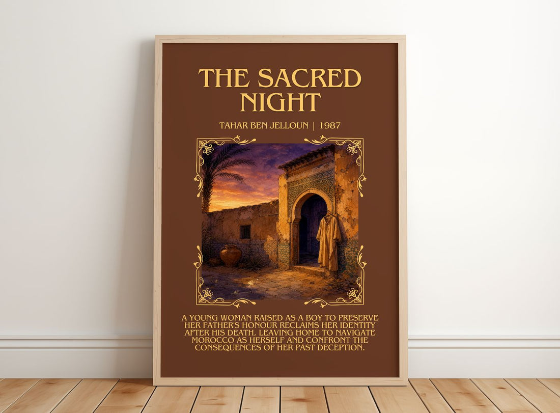 The Sacred Night Minimalist Book Poster by Tahar Ben Jelloun – framed print leaning on a wooden floor