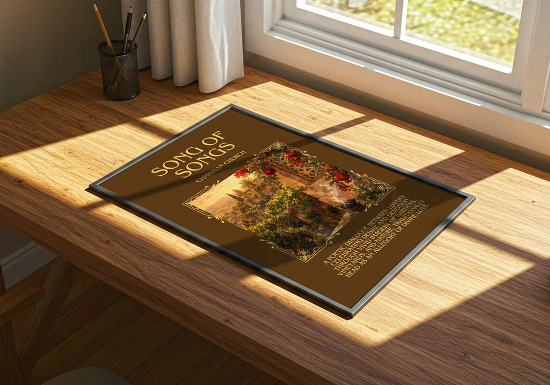 Song of Songs Minimalist Book Poster by Christian Church – print on a sunlit desk