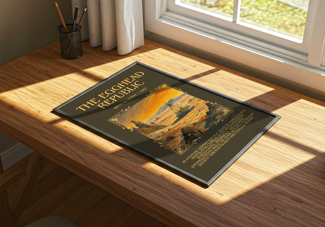 The Egghead Republic Minimalist Book Poster by Arno Schmidt – print on a sunlit desk