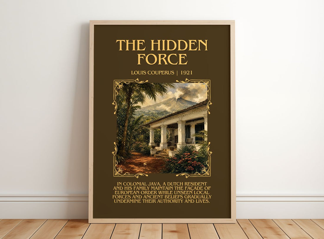 The Hidden Force Minimalist Book Poster by Louis Couperus – framed print leaning on a wooden floor
