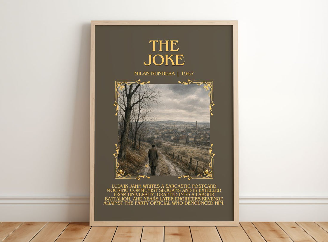 The Joke Minimalist Book Poster by Milan Kundera – framed print leaning on a wooden floor