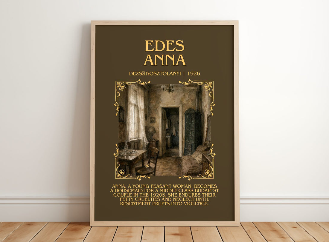Édes Anna Minimalist Book Poster by Dezső Kosztolányi – framed print leaning on a wooden floor