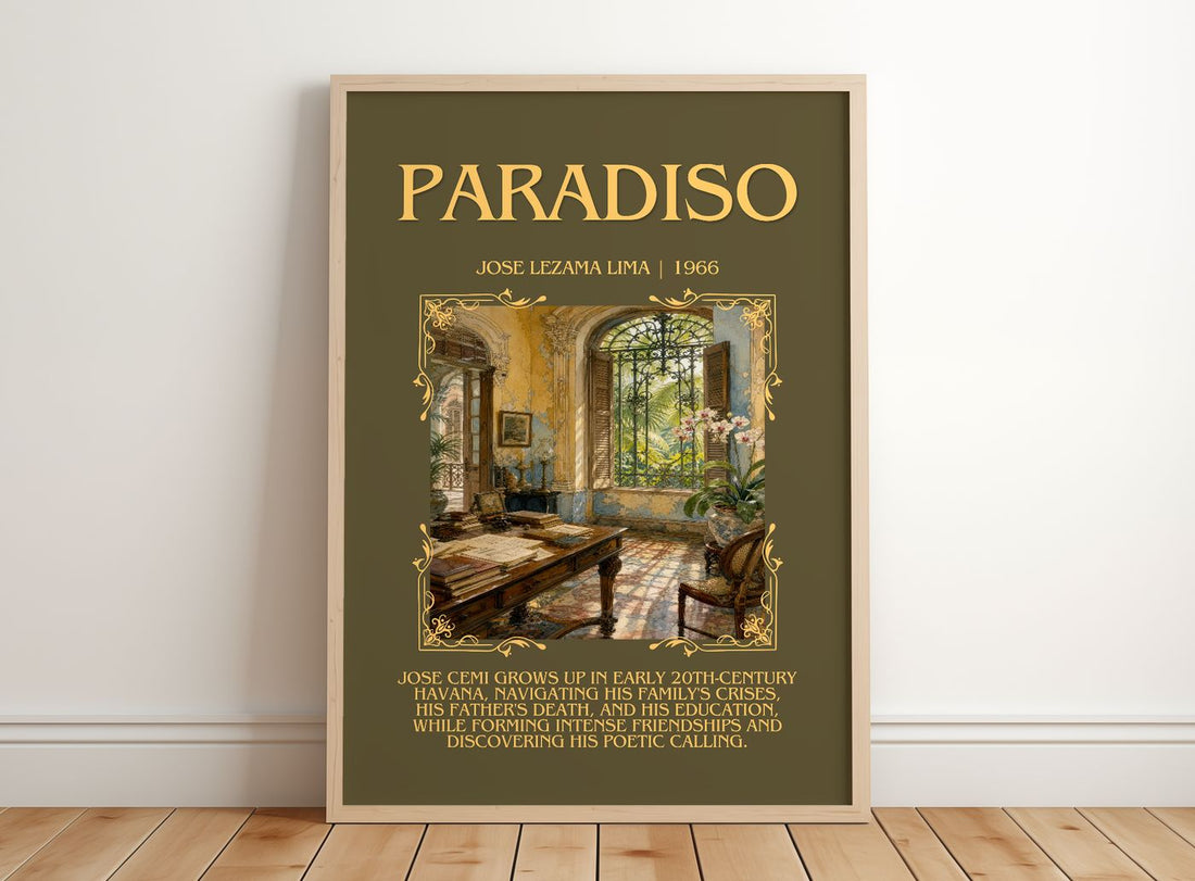 Paradiso Minimalist Book Poster by José Lezama Lima – framed print leaning on a wooden floor