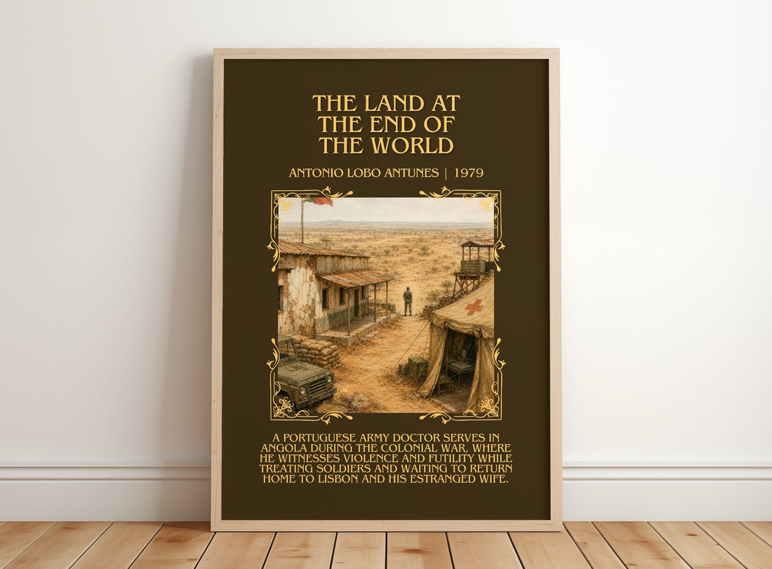 Land At The End Of The World Minimalist Book Poster by A. Antunes – framed print leaning on a wooden floor
