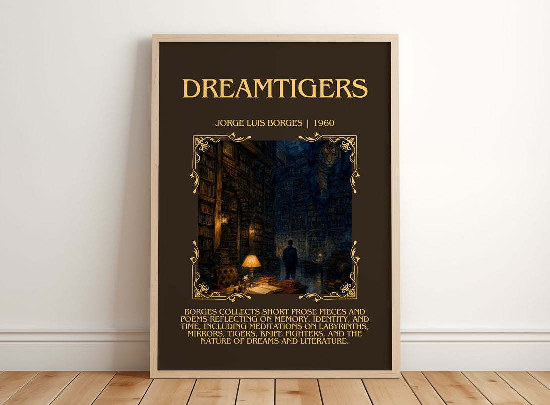 Dreamtigers Minimalist Book Poster by Jorge Luis Borges – framed print leaning on a wooden floor