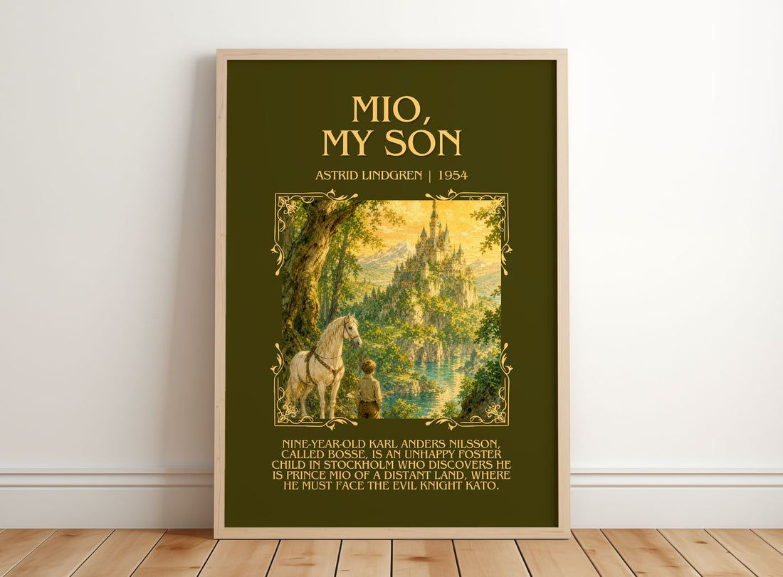 Mio, My Son Minimalist Book Poster by Astrid Lindgren – framed print leaning on a wooden floor