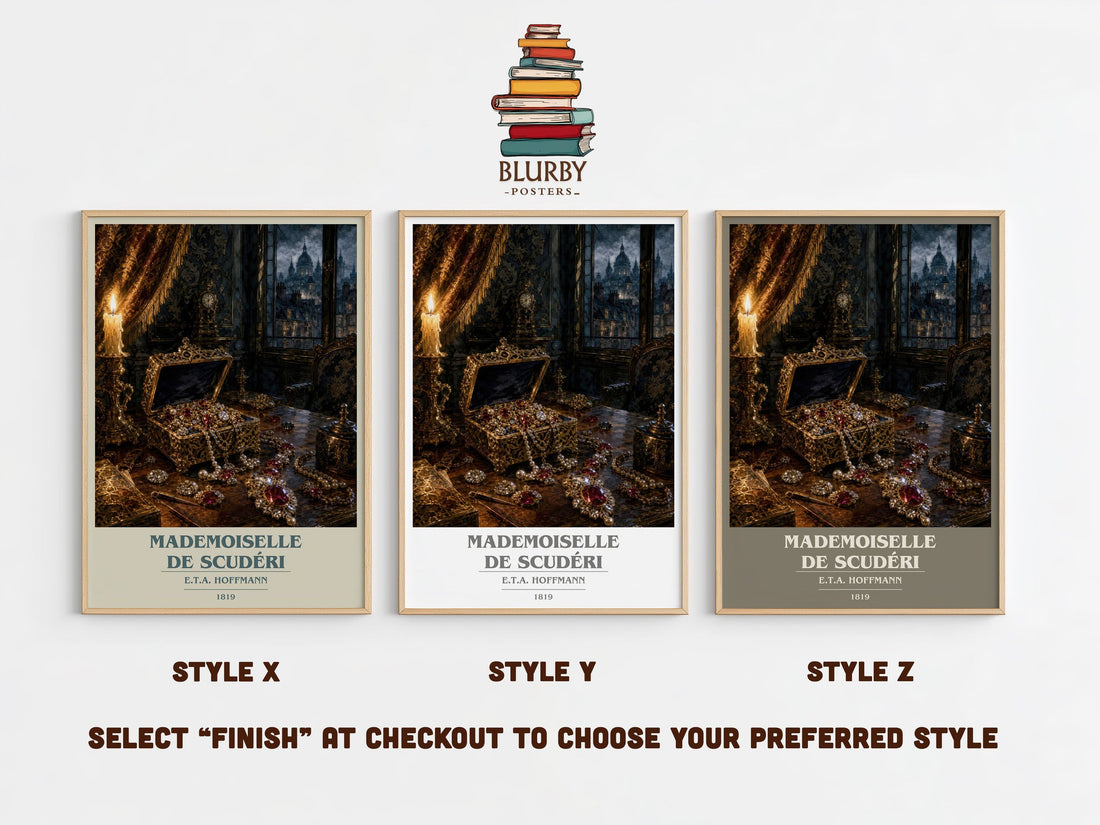 Mademoiselle De Scudéri book cover print in frame leaning in hallway – gothic wall art (mockup)